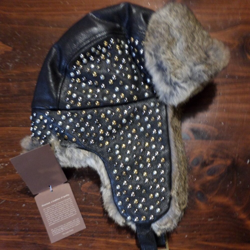 Genuine Rabbit Fur Leather Aviator Trapper Hat-Overland Co.-Designer Brass Studs